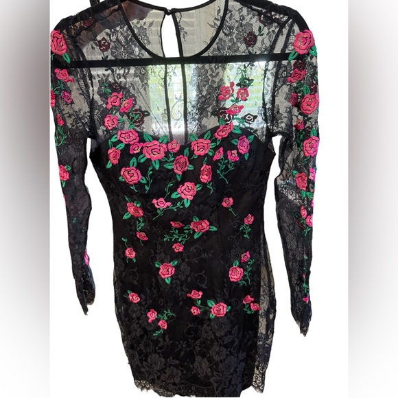 Bebe Pencil Lace Dress Embroidered Size 4 Black Flowers Nightout Party - Picture 3 of 10